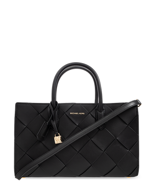 Scarlett medium woven leather tote in black