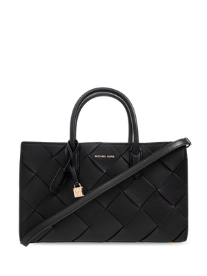 Scarlett medium woven leather tote in black