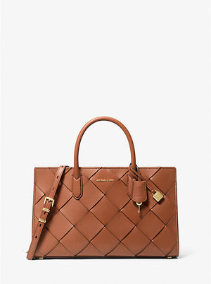 Scarlett medium woven leather tote in luggage