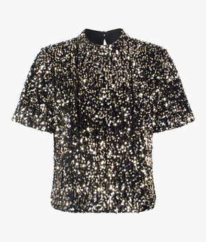 Zarhaaa velvet sequin short sleeved top in black