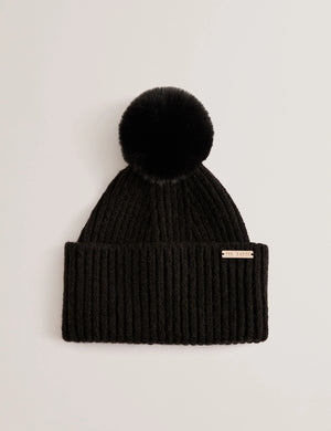 Emilyya Ribbed Knit Fluffy Bobble Hat in black