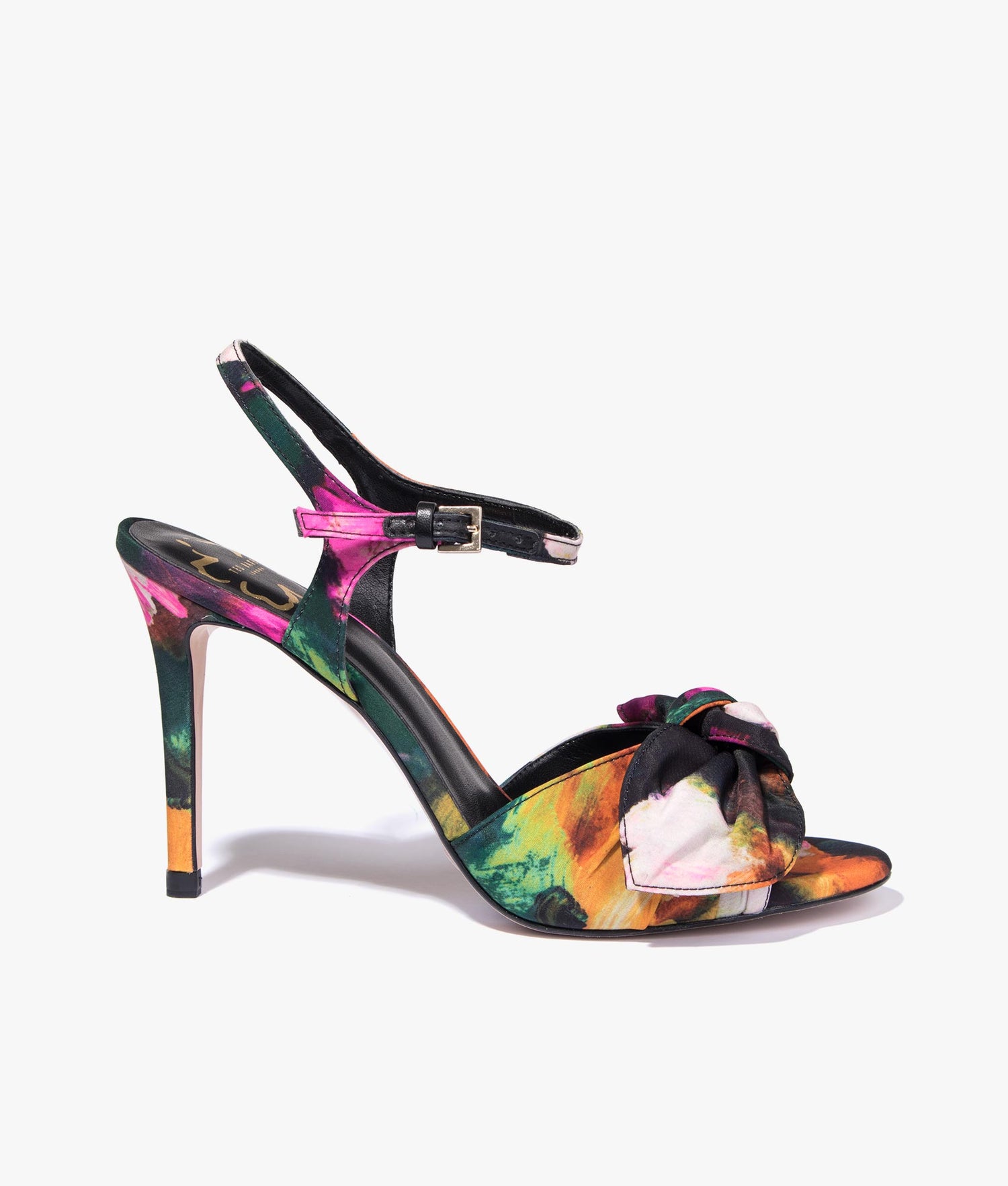 Ted Baker | Neemia art print heeled bow sandals in black | EQVVS